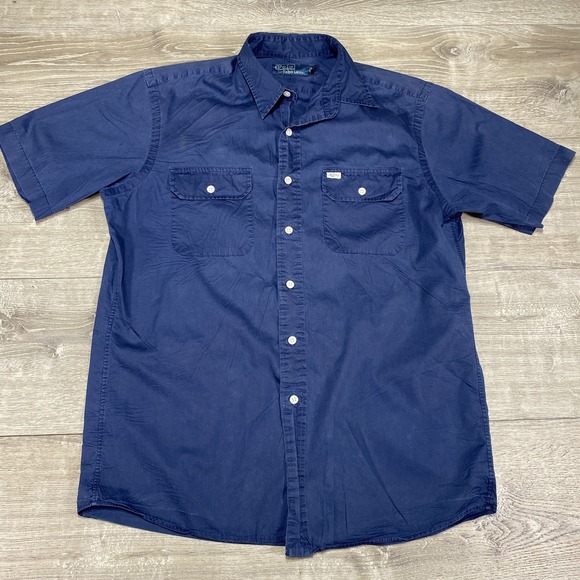 Polo‎ Ralph Lauren Shirt Mens Medium Blue Short Sleeve Button Up Pockets Casual - Picture 1 of 8